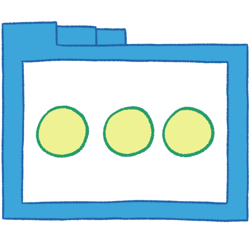  a hollow blue folder with thin lineart. inside is an ellipsis (three large circles in a row) with dark green lines and pale green colour.